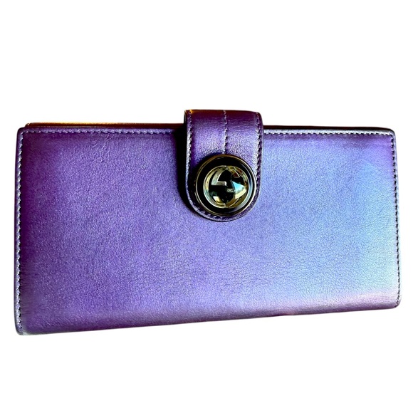 GUCCI Interlocking Flap Leather Metallic Purple YD401 long wallet iridescent box - Picture 1 of 15